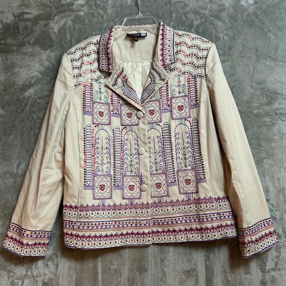 Antthony Embroidered Sequin Boho Blazer Cream Cotton Jacket XL Embroidered